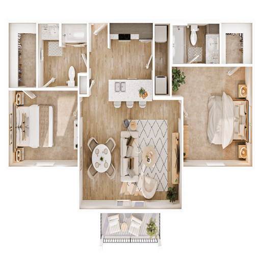 A 3D image of the B3 floorplan, a 1065 squarefoot, 2 bed / 2 bath unit