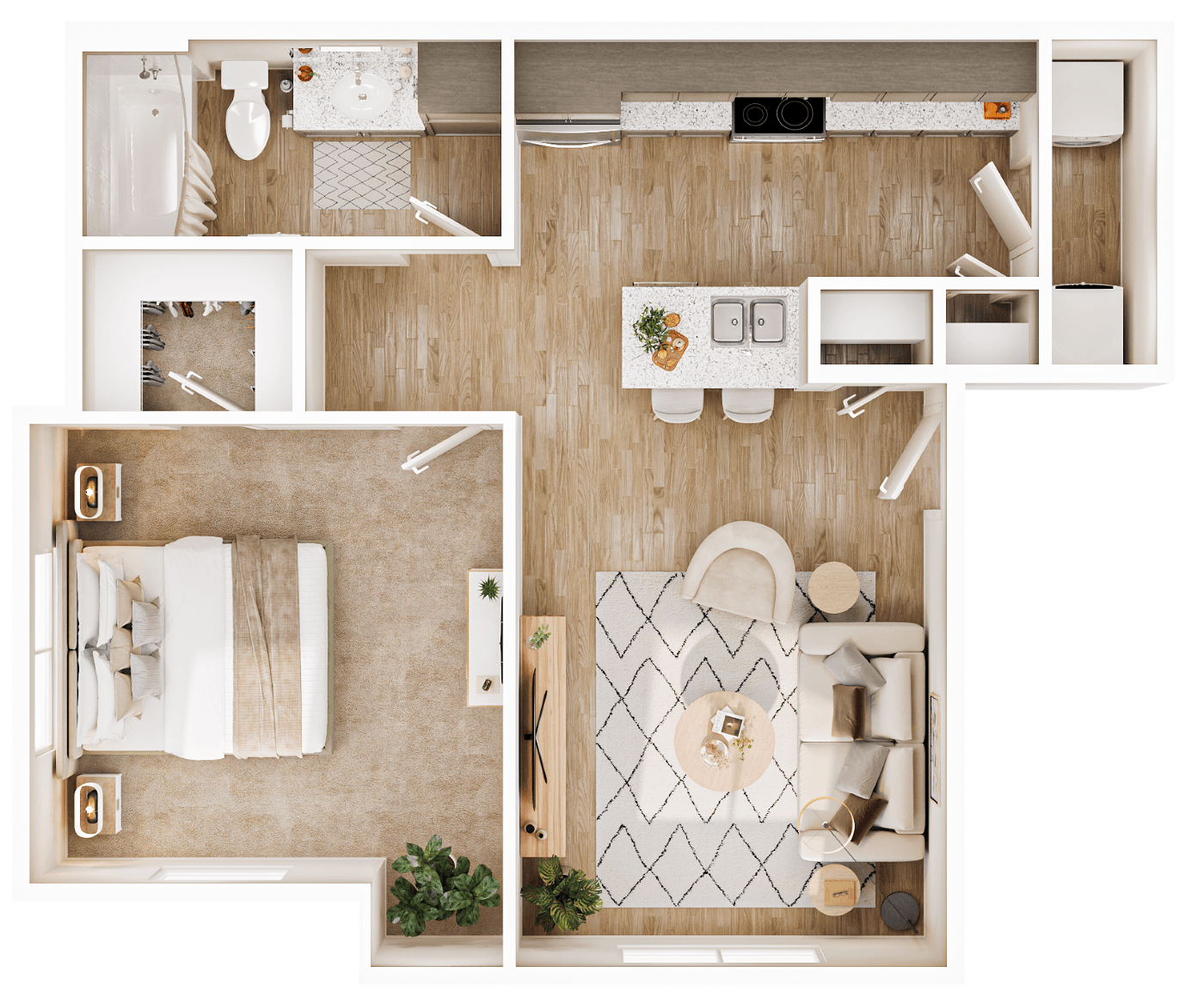A 3D image of the A2 floorplan, a 710 squarefoot, 1 bed / 1 bath unit